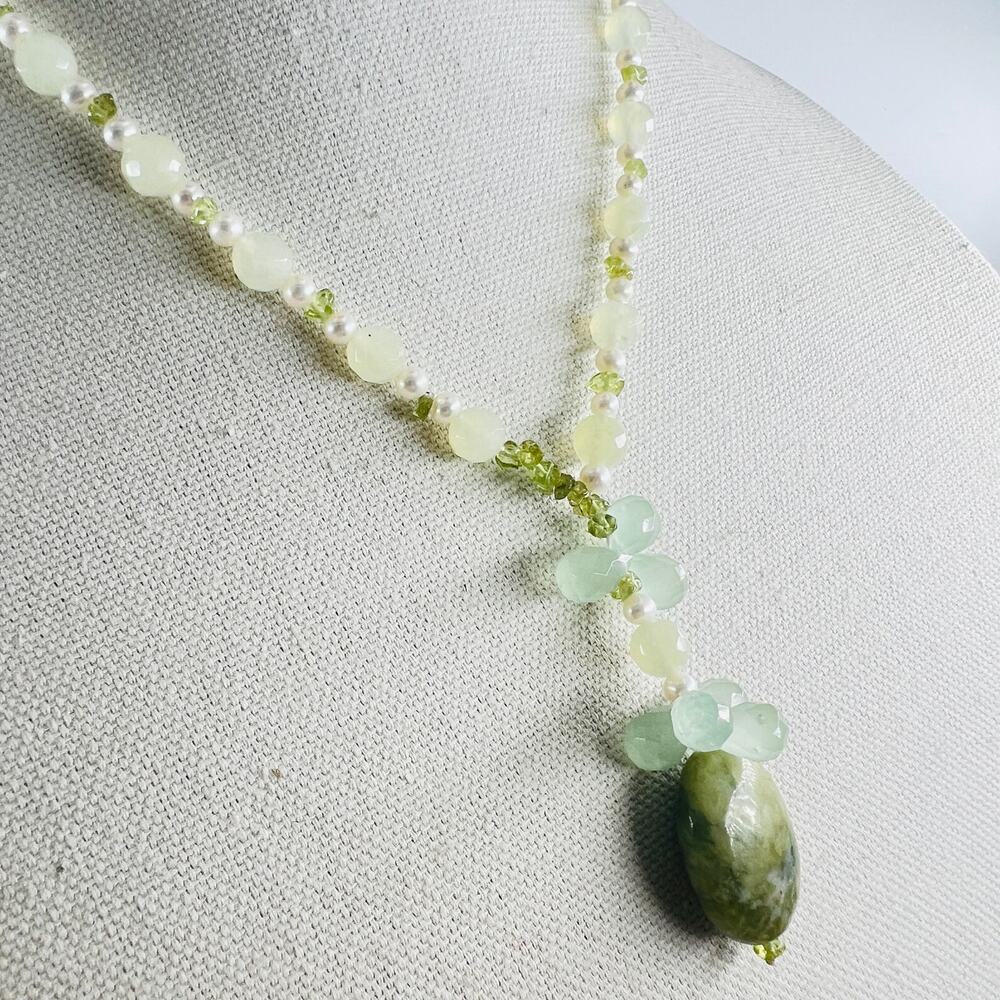 Stone and Pearl Y Drop Necklace Green and White Y2K Style Natural Handmade